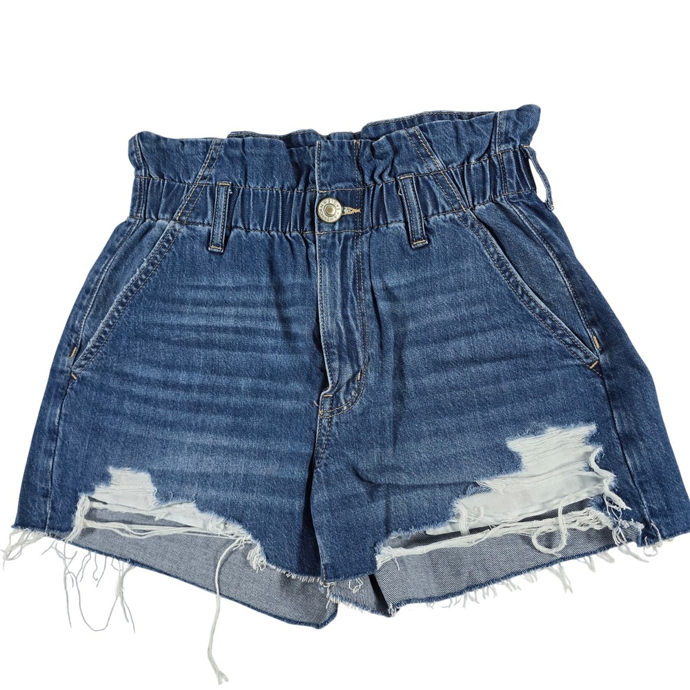 American Eagle Mom Shorts Womens 2 Blue Distressed Paperbag Waist Denim 12868